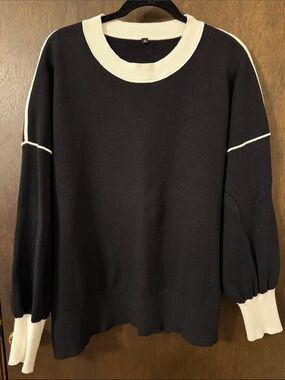 Black Crewneck Sweater with Cream Contrast Trim - Women's